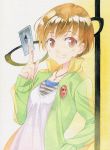  agahari brown_eyes brown_hair card glasses grey_card grin holding holding_card jewelry necklace open_clothes open_jacket persona persona_4 satonaka_chie short_hair smile solo track_jacket traditional_media 