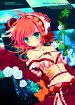  :o bare_shoulders blush braid breasts checkered checkered_floor cleavage collarbone flower frills green_eyes hair_flower hair_ornament headdress highres jewelry konno_kengo long_hair looking_at_viewer lying navel necklace on_back open_mouth original red_hair redhead solo 
