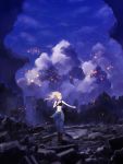  battle blonde_hair boots building city closed_eyes cloud explosion explosions eyes_closed jacket_around_waist macross macross_frontier microphone midriff ruins sheryl_nome sky solo sports_bra uhouho14 