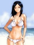  bikini black_hair breasts cleavage cloud copyright_request frilled_bikini frills hand_on_hip light_smile navel side-tie_bikini sky solo swimsuit takano_masayuki water 