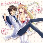  1boy 1girl :o alternate_costume black_hair blonde_hair breasts character_name cleavage collarbone couple doctor glasses hat jude_mathis labcoat long_hair lottalove milla_maxwell needle nurse nurse_cap open_mouth red_eyes stethoscope surprised syringe tales_of_(series) tales_of_xillia thigh-highs thigh_strap thighhighs white_legwear yellow_eyes 