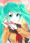  bracelet bust cozyquilt earrings green_eyes green_hair grin hair_ornament hairclip hatsune_miku jewelry looking_at_viewer nail_polish pinky_out ring school_uniform serafuku smile solo spring_onion twintails vocaloid 