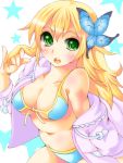  :o blonde_hair blush boku_wa_tomodachi_ga_sukunai breasts butterfly butterfly_hair_ornament cleavage front-tie_top green_eyes hair_ornament iwato_(celler) jacket kashiwazaki_sena large_breasts long_hair navel off_shoulder open_mouth star swimsuit 