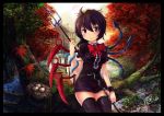  absurdres asymmetrical_wings black_eyes black_hair black_legwear blush border bow bridge brown_hair dress egg forest highres houjuu_nue hut in_tree lake leaf nature nest oto_taku polearm purple_eyes ribbon short_hair signature sitting sitting_in_tree smile snake solo spear thigh-highs thighhighs touhou tree trident ufo violet_eyes weapon wings yinzhai zettai_ryouiki 