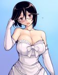  adult bare_shoulders bespectacled blush breasts brown_eyes brown_hair cleavage dress elbow_gloves glasses gloves large_breasts open_mouth ribbon rozen_maiden rozenweapon souseiseki wedding_dress white_dress 