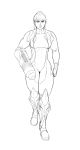 1girl arm_cannon bodysuit boots breasts commentary greaves highres knee_boots lineart long_hair metroid monochrome muscle nikcesco payot ponytail samus_aran solo toned weapon zero_suit 