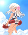  1girl blonde_hair blue_eyes crop_top flower hair_flower hair_ornament kantai_collection lifebuoy long_hair ro-500_(kantai_collection) ryuuga_nanamaru sailor_collar school_swimsuit swimsuit swimsuit_under_clothes tan tanline 
