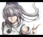  adapted_costume ant_of_spirit detached_sleeves grey_eyes grey_hair hat japanese_cloth japanese_clothes mononobe_no_futo pointing pointing_up ponytail silver_hair smile smirk solo tate_eboshi touhou white_background 