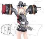  1girl black_skirt blonde_hair blue_eyes cowboy_shot fujibejifu gloves hat holding iron_cross kantai_collection long_hair long_sleeves machinery microskirt military military_uniform open_mouth peaked_cap prinz_eugen_(kantai_collection) skirt solo turret twintails unfinished uniform white_gloves 