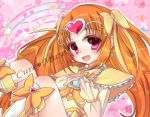  boots bow brooch character_name circlet cure_muse cure_muse_(yellow) hair_ribbon heart jewelry long_hair magical_girl noa_(matthew!) orange_hair precure red_eyes ribbon shirabe_ako sitting smile solo suite_precure 
