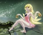  :o bakemonogatari bare_legs barefoot blonde_hair bow doughnut dress feet flat_chest food long_hair madyy monogatari_(series) oshino_shinobu sitting solo star_(sky) strap_slip yellow_eyes 