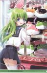  :d contemporary crane_game frog green_hair hair_ornament hair_tubes highres kochiya_sanae looking_back miyase_mahiro necktie open_mouth school_uniform serafuku smile snake solo thighhighs touhou white_legwear 