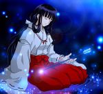  artist_request black_hair closed_eyes eyes_closed flower glowing hakama inuyasha japanese_clothes kikyou_(inuyasha) long_hair miko sitting sleeves_past_wrists solo wide_sleeves 