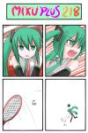  angry black_legwear catstudio_(artist) comic detached_sleeves fly flyswatter green_eyes green_hair hair_ribbon hatsune_miku heavy_breathing highres necktie open_mouth ribbon shirt skirt thai thigh-highs thighhighs throwing translated translation_request twintails vocaloid zettai_ryouiki 