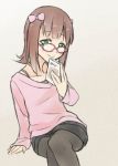 amami_haruka bad_id bespectacled black_legwear book bow bra brown_hair crossed_legs glasses green_eyes hair_bow idolmaster legs_crossed legwear_under_shorts lingerie looking_at_viewer pantyhose shorts simple_background sitting smile solo sweater tkhs underwear wink 