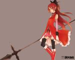  bare_shoulders black_legwear boots d-tline detached_sleeves frown gradient_hair knee_boots ko-&gt;u long_hair magical_girl mahou_shoujo_madoka_magica multicolored_hair polearm ponytail red_eyes red_hair redhead sakura_kyouko simple_background solo spear thigh-highs thighhighs wallpaper weapon worried zettai_ryouiki 