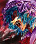  angry blue_hair evyngr face hat open_mouth red_eyes remilia_scarlet sharp_teeth short_hair solo touhou transformation vampire 