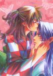 1girl artist_request brown_hair butterfly checkered closed_eyes couple cover cover_page eyes_closed facial_mark hand_on_face hands_on_another's_face highres inuyasha japanese_clothes kimono marker_(medium) pointy_ears profile rin_(inuyasha) sesshoumaru side_ponytail traditional_media white_hair yukata 