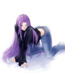  all_fours ass baggy_clothes breasts fate/stay_night fate_(series) glasses highres jeans large_breasts long_hair negresco pince-nez purple_eyes purple_hair rider seductive_smile solo sweater very_long_hair violet_eyes 