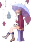  blue_eyes boots brown_hair cat cross-laced_footwear highres nana_mikoto original scarf short_hair sitting skirt smile solo umbrella 