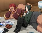  armor beard black_hair bob_cut cookie facial_hair fate/stay_night fate/zero fate_(series) green_eyes male multiple_boys necktie petting red_eyes red_hair redhead rider_(fate/zero) senbei short_hair shorts waver_velvet yun_(neo) 