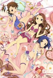  absurdres ankle_ribbon beads bikini bikini_skirt blue_hair bow bracelet breasts brown_hair casual_one-piece_swimsuit cleavage crown feet flower futami_ami heart highres huge_filesize idolmaster idolmaster_2 iizuka_haruko jewelry legs light_smile long_hair looking_at_viewer looking_back lying megami minase_iori miura_azusa multiple_girls official_art on_back on_side one-piece_swimsuit open_mouth pillow ponytail purple_eyes ribbon rose ryuuguu_komachi short_hair sitting smile star swimsuit very_long_hair violet_eyes 