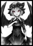  alternate_costume bad_id bat_wings expressionless frame grey hand_on_own_chest hand_to_chest hat highres hihi_(kakukaku9646) monochrome pale_skin red_eyes remilia_scarlet short_hair solo spot_color touhou white_hair wings 