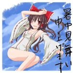  brown_hair detached_sleeves hair_ribbon hair_tubes hakurei_reimu highres long_hair monrooru one-piece_swimsuit red_eyes ribbon school_swimsuit shochuumimai solo swimsuit touhou translated white_school_swimsuit 