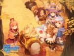  3girls :3 animal_ears armor bangs beard belt blonde_hair blue_eyes blue_hair book braid brown_hair capelet dress facial_hair from_above gauntlets gloves green_eyes happy hat highres lime_odyssey lion_ears lion_tail looking_at_viewer looking_back looking_up low_twintails lying mage male mouse_ears mouse_tail multiple_boys multiple_girls on_stomach open_book open_mouth orange_hair parted_bangs ponytail purple_hair red_eyes ribbon russel_(yumeriku) seiza serenade_(sinohi) short_hair shorts sitting smile star sunset tail tree twin_braids twintails wallpaper witch_hat yellow_eyes 