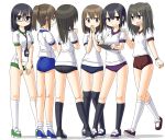  black_eyes black_hair black_legwear brown_eyes brown_hair buruma glasses gym_uniform hands_together highres kneehighs maruput multiple_girls open_mouth original over-kneehighs ponytail smile stopwatch thighhighs watch white_legwear 