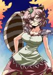  animal_ears breasts brown_hair futatsuiwa_mamizou glasses hand_on_hip highres hips large_breasts leaf leaf_on_head pince-nez raccoon_ears raccoon_tail short_hair smile solo tail taut_shirt touhou tsuki_wani 