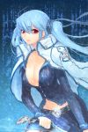  belt blue_hair breasts cleavage coat earrings jewelry large_breasts long_hair lowres luthica_preventer luticar open_clothes red_eyes skirt solo sword sword_girls twintails weapon 