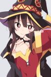  1girl :&gt; bangs black_cape black_choker black_gloves black_headwear blush bright_pupils brown_hair cape choker dress eyebrows_visible_through_hair fingerless_gloves gloves hair_between_eyes hat ixy kono_subarashii_sekai_ni_shukufuku_wo! looking_at_viewer megumin red_dress red_eyes short_hair short_hair_with_long_locks sidelocks simple_background solo v white_pupils witch_hat 