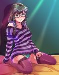  breasts brown_hair e20 garter_straps glasses green_eyes houzumi_kaede kneeling large_breasts looking_at_viewer off_shoulder original panties sitting smile solo striped sweater thigh-highs thighhighs twin_braids underwear 