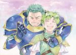  agahari armor closed_eyes draug_(fire_emblem) eyes_closed fire_emblem fire_emblem:_mystery_of_the_emblem gordon_(fire_emblem) green_hair grin hug hug_from_behind male multiple_boys open_mouth pauldron pauldrons short_hair smile traditional_media 