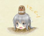  buried crossover diglett fuu_(suisouseki) grey_eyes grey_hair ground hat mononobe_no_futo on_head open_mouth pokemon ponytail simple_background solo strap tate_eboshi touhou translated translation_request 