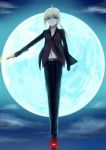  alua black_gloves clouds excalibur fate/stay_night fate/zero fate_(series) formal full_moon gloves highres moon navel necktie pant_suit saber solo suit sword weapon 