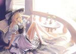  balcony bare_legs barefoot blonde_hair feet green_eyes hat kirisame_marisa long_hair madyy petticoat solo table touhou waking_up witch witch_hat 