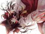  ascot bow brown_eyes brown_hair detached_sleeves dress hair_bow hair_tubes hakurei_reimu long_hair miko mouth_hold needle needle_in_mouth nunucco red_dress solo touhou upside-down 