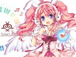  angel_wings animal_ears bunny_ears character_name character_request copyright_request detached_collar gloves hairband headphones long_hair mole musical_note outstretched_hand pink_hair purple_eyes smile solo twintails violet_eyes white_gloves wings 