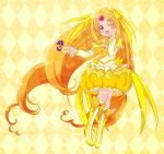  ;d argyle argyle_background boots bow brooch bubble_skirt choker circlet cure_muse cure_muse_(yellow) dress fairy_tone hair_ribbon hand_on_own_face hand_to_face happy heart jewelry long_hair magical_girl okino_matsushiro open_mouth orange_hair precure red_eyes ribbon shirabe_ako smile solo suite_precure wink yellow yellow_background yellow_dress 