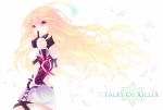  blonde_hair blue_hair elbow_gloves gloves gradient_hair hand_on_hip hips kai_aki long_hair looking_back midriff milla_maxwell multicolored_hair pointing red_eyes skirt solo tales_of_(series) tales_of_xillia title_drop 