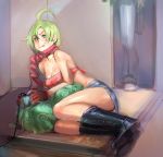  ahoge bare_shoulders bow_(artist) bow_(bhp) breasts cleavage controller game_controller gloves green_eyes green_hair lying on_side original scarf tongue 