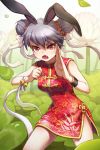  bell bow bracelet bunny_ears china_dress chinese_clothes double_bun eyebrows fang gilse grey_hair jewelry lowres open_mouth red_eyes ribbon solo sword_girls wind_sneaker 