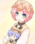  artist_request azel_(rune_factory) bad_id blue_eyes blue_hair blush echigousagi hat hug open_mouth pink_hair rune_factory rune_factory_oceans short_hair silver_hair smile sonia_(rune_factory) stuffed_toy 