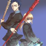  black_gloves black_hair blonde_hair dual_wielding excalibur fate/stay_night fate/zero fate_(series) formal gae_buidhe gae_dearg gloves green_eyes lancer_(fate/zero) male mole necktie oksisi pant_suit polearm ponytail saber smile spear suit sword weapon yellow_eyes 
