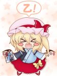  &gt;_&lt; blonde_hair blush blush_stickers chibi cosplay fang flandre_scarlet hair_ribbon hakurei_reimu hat kirisame_marisa ko_torii morichika_rinnosuke morichika_rinnosuke_(cosplay) open_mouth ribbon short_hair side_ponytail skirt smile solo the_embodiment_of_scarlet_devil touhou translated translation_request wings 