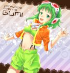  asami_(undoundo) breasts character_name goggles goggles_on_head green_eyes green_hair gumi headphones highres jacket megpoid_(vocaloid3) midriff nail_polish navel open_mouth short_hair shorts smile solo suspenders title_drop under_boob underboob vocaloid 