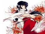  artist_request black_hair bow_(weapon) creature flower hakama holding inuyasha japanese_clothes kikyou_(inuyasha) long_hair looking_at_viewer miko official_art ponytail solo spider_lily turning wallpaper weapon 