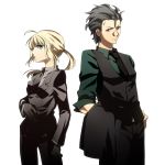 androgynous black_gloves black_hair blonde_hair d00x00b fate/stay_night fate/zero fate_(series) formal gloves green_eyes lancer_(fate/zero) necktie pant_suit ponytail reverse_trap saber suit tomboy vest waistcoat yellow_eyes 